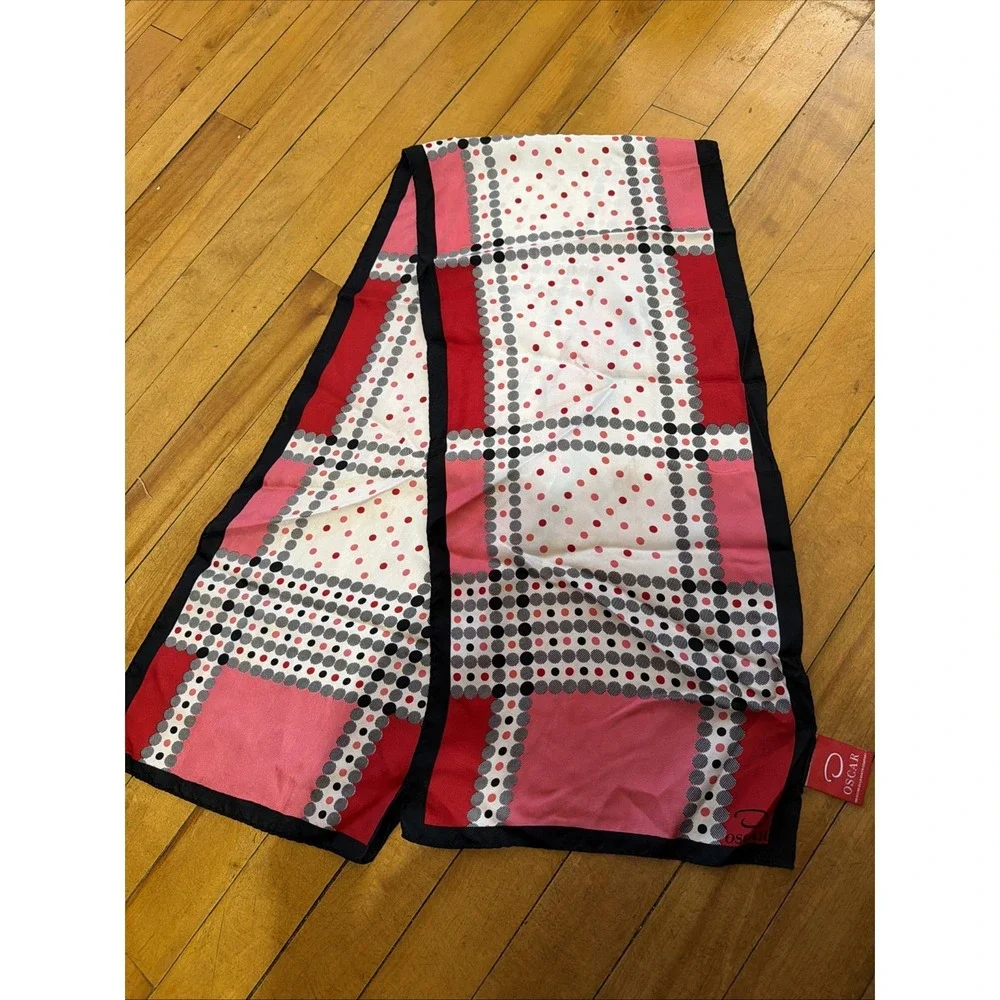 Oscar de La Renta Featherweight Silk Scarf Polka Dot Red Pink Vintage